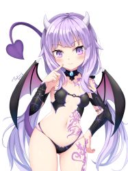 Rule 34 | 1girl, absurdres, bare shoulders, black bra, black panties, blush, bra, collarbone, commentary request, demon girl, demon tail, demon wings, detached sleeves, fang, highres, horns, navel, panties, phantasy star, phantasy star online 2, purple eyes, purple hair, simple background, solo, tail, tattoo, twintails, tyot, underwear, white background, wings