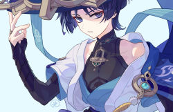 Rule 34 | 1boy, bare shoulders, black hair, black shirt, blue background, blue hat, blue ribbon, blunt ends, bridal gauntlets, collarbone, commentary, covered collarbone, eyeshadow, feathers, genshin impact, hand up, hat, hikaru002001, jacket, japanese clothes, jingasa, looking at viewer, makeup, male focus, off shoulder, parted bangs, parted lips, pom pom (clothes), purple eyes, red eyeshadow, ribbon, scaramouche (genshin impact), shirt, short hair, short sleeves, sidelocks, sleeveless, sleeveless shirt, solo, upper body, vision (genshin impact), wanderer (genshin impact), white jacket, wide sleeves