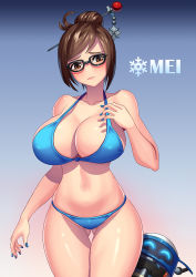 Rule 34 | 1girl, ^ ^, arm at side, bare arms, bare shoulders, beads, bikini, black-framed eyewear, blue background, blue bikini, blue nails, blush, breasts, brown eyes, brown hair, character name, cleavage, closed eyes, closed mouth, collarbone, cowboy shot, frown, glasses, glowing, gluteal fold, gradient background, hair bun, hair ornament, hair stick, highres, large breasts, looking at viewer, mei (overwatch), nail polish, navel, overwatch, overwatch 1, robot, shade, shiny skin, single hair bun, snowball (overwatch), snowflakes, solo, stomach, string bikini, swept bangs, swimsuit, tako seijin, thigh gap