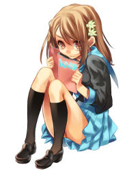 Rule 34 | 1girl, book, brown eyes, brown hair, kneehighs, manga (object), school uniform, sitting, skirt, socks, solo, tibino