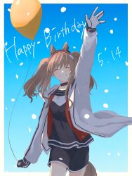 Rule 34 | 1girl, 461 aki, :d, angelina (arknights), animal ears, arknights, balloon, black choker, black gloves, black shirt, black shorts, blouse, blue background, border, brown hair, choker, clenched teeth, closed eyes, cowboy shot, dated, earpiece, extra ears, fox ears, fox tail, gloves, grin, hairband, hand up, happy birthday, highres, holding, holding balloon, jacket, long hair, looking at viewer, open clothes, open jacket, open mouth, outside border, red hairband, shirt, shorts, simple background, smile, solo, striped clothes, striped hairband, tail, teeth, twintails, two-tone gloves, white border, white gloves, white jacket
