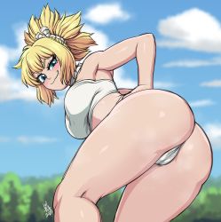 Rule 34 | 1girl, :3, artist name, ass, blue eyes, blush, breasts, cameltoe, dr. stone, hand on own hip, highres, huge ass, kohaku (dr. stone), large breasts, long hair, looking back, lui-ra, ponytail, pussy juice, sky, solo, strapless, thick thighs, thighs, tree, tube top