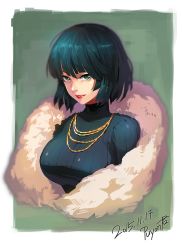 Rule 34 | 1girl, 2015, breasts, coat, dated, female focus, fubuki (one-punch man), fur coat, green eyes, green hair, highres, jewelry, large breasts, lipstick, looking at viewer, makeup, matching hair/eyes, necklace, one-punch man, parted lips, puyon (pixiv), puyon (puyon), ribbed sweater, short hair, smile, solo, sweater, upper body