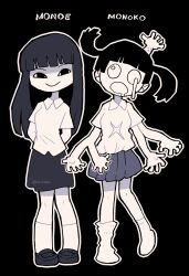 Rule 34 | 2girls, absurdres, arms behind back, black background, black eyes, black hair, blunt bangs, character name, closed mouth, collared shirt, commentary, dripping eye, drooling, extra arms, floating hair, full body, head tilt, highres, kneehighs, lazy eye, limited palette, lineup, loafers, long hair, looking at viewer, monoe, monoko, mouth drool, multiple girls, no pupils, no shoes, open mouth, outline, pleated skirt, purple skirt, rariatto (ganguri), shirt, shoes, short hair, short sleeves, simple background, single loose sock, skirt, smile, socks, straight-on, twintails, white eyes, white outline, yume nikki