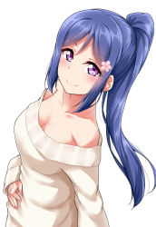 Rule 34 | 1girl, arm at side, bare shoulders, blue hair, breasts, cleavage, flower, from above, from side, grey sweater, hair flower, hair ornament, hand on own stomach, long sleeves, looking at viewer, looking to the side, looking up, love live!, love live! sunshine!!, matsuura kanan, medium breasts, nail polish, off-shoulder, off-shoulder sweater, off shoulder, pink nails, ponytail, purple eyes, sidelocks, simple background, sleeves past wrists, solo, sweater, tareme, upper body, white background, yopparai oni