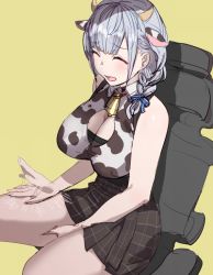 Rule 34 | 1girl, animal ears, animal print, bare shoulders, black skirt, blush, braid, breasts, cleavage, closed eyes, cow ears, cow horns, cow print, hololive, horns, lap pillow invitation, large breasts, open mouth, patting lap, shirogane noel, shirogane noel (casual), shirt, short hair, side braid, silver hair, skirt, sleeveless, sleeveless shirt, smile, solo, thighs, virtual youtuber, white shirt