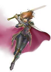 Rule 34 | 1girl, armor, belt, black pantyhose, blue eyes, boots, brown hair, cape, charging forward, faulds, female focus, full body, holding, holding sword, holding weapon, open mouth, pantyhose, pauldrons, pirorin, shoulder armor, shoulder pads, simple background, single vambrace, solo, swept bangs, sword, vambraces, waist cape, weapon, white background