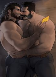 Rule 34 | 2boys, abs, ass, bara, beard, black hair, blush, body hair, bulge, character request, chest hair, couple, denim, dopey (dopq), eye contact, facial hair, graves (league of legends), highres, imminent kiss, jeans, large pectorals, league of legends, long hair, looking at another, male focus, multiple boys, muscular, muscular male, mustache, nipples, pants, pectorals, short hair, thick thighs, thighs, tight clothes, tight pants, topless male, yaoi