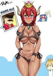 Rule 34 | 1girl, absurdres, armlet, bare shoulders, bikini, bikini pull, black bikini, blouse, blue eyes, blue gemstone, blush, bowsette, bracelet, breasts, cleavage, clothes pull, collar, collared shirt, cowboy shot, crown, dark skin, dress, earrings, embarrassed, face of the people who sank all their money into the fx (meme), faceless, faceless male, gem, halterneck, highres, horns, jewelry, large breasts, legs together, looking at viewer, mario, mario (series), meme, micro bikini, mushroom, narrow waist, navel, nintendo, parted bangs, ponytail, princess peach, pulled by self, red gemstone, red hair, red shirt, ryle, shaded face, shirt, simple background, skindentation, smile, spiked armlet, spiked bracelet, spiked collar, spikes, standing, super crown, swimsuit, thighs, white background, wide hips