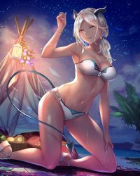 Rule 34 | 1girl, anbe yoshirou, bare shoulders, basket, beach, bikini, blonde hair, bracelet, breasts, cleavage, collarbone, commentary request, copyright request, dark-skinned female, dark skin, demon girl, demon horns, demon tail, earrings, fingernails, flower, food, fruit, full body, hand up, highres, horns, jewelry, kneeling, lamp, long hair, looking at viewer, medium breasts, nail polish, night, night sky, outdoors, parted lips, plant, sandals, shiny skin, sky, smile, solo, star (sky), starry sky, sweat, sweatdrop, swimsuit, tail, thighs, yellow eyes