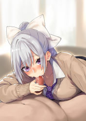 Rule 34 | 1boy, 1girl, black skirt, blush, bow, breast press, breasts, brown cardigan, cardigan, censored, cleavage, clothed female nude male, collared shirt, cum, cum in mouth, curtains, dress shirt, facial, fellatio, grey hair, hair between eyes, handjob, hetero, highres, higuchi kaede, indoors, large breasts, licking, licking penis, long hair, long sleeves, looking at viewer, miniskirt, mole, mole under eye, mosaic censoring, mukai 778, necktie, nijisanji, nose blush, nude, open clothes, open shirt, oral, penis, pleated skirt, ponytail, purple necktie, school uniform, shirt, skirt, solo focus, very long hair, virtual youtuber, white bow, white shirt, window