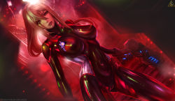 Rule 34 | 1girl, blonde hair, blood, blood from mouth, blood on face, bodysuit, breasts, commentary, covered navel, dark samus, dutch angle, english commentary, covered erect nipples, facing viewer, gun, hair between eyes, high ponytail, holding, holding gun, holding weapon, large breasts, limgae, long hair, looking at viewer, metroid, nintendo, parted lips, ponytail, samus aran, skin tight, solo, varia suit, weapon, zero suit