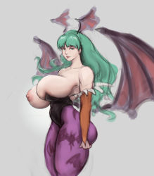 Rule 34 | 1girl, ass, ass grab, breasts, clothes, female focus, grabbing, grabbing own ass, green eyes, green hair, highres, huge breasts, long hair, looking at viewer, morrigan aensland, nipples, one breast out, shinyglute, solo, vampire (game), wings