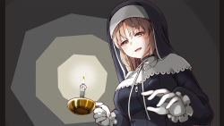 Rule 34 | 1girl, blush, breasts, candle, candlelight, fujita 758634, gloves, habit, highres, large breasts, light brown hair, long hair, looking at viewer, nijisanji, nun, open mouth, sister claire, sister claire (1st costume), smile, solo, traditional nun, virtual youtuber, white gloves, yellow eyes, zipper, zipper pull tab