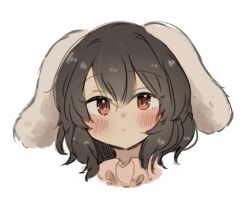 Rule 34 | 1girl, animal ears, blush, brown hair, closed mouth, commentary request, cropped head, dot mouth, expressionless, floppy ears, hair between eyes, inaba tewi, looking at viewer, nose blush, portrait, rabbit ears, rabbit girl, red eyes, short hair, simple background, solo, straight-on, touhou, tsukiori, white background
