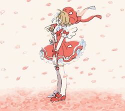 Rule 34 | 1girl, bow, brown hair, cardcaptor sakura, commentary, dress, feathered wings, frilled skirt, frills, from side, full body, fuuin no tsue, gloves, holding, holding wand, kinomoto sakura, magical girl, petals, puffy short sleeves, puffy sleeves, red bow, red dress, red footwear, red headwear, sheep66, shoes, short hair, short sleeves, skirt, solo, standing, symbol-only commentary, wand, white gloves, white wings, wings