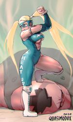 Rule 34 | 1boy, 1girl, abigail (final fight), abs, after battle, armlet, asymmetrical clothes, blonde hair, blue bodysuit, blue eyes, bodysuit, boots, breasts, clenched hand, clothes writing, clothing cutout, cross-laced footwear, defeat, final fight, fist pump, highres, knee boots, knee pads, lace-up boots, large breasts, long hair, mask, mohawk, muscular, muscular female, no bra, official alternate costume, quasimodox, rainbow mika, single pantsleg, single sleeve, solo focus, street fighter, street fighter v, thick thighs, thighs, twintails, underboob, underboob cutout, very long hair, white footwear, wrestling outfit
