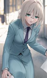 Rule 34 | 1girl, an-94 (antje) (girls&#039; frontline), an-94 (girls&#039; frontline), aqua eyes, belt, blue jacket, blue neckwear, blue pants, blue suit, blurry, blurry background, breasts, collared shirt, commentary request, formal, girls&#039; frontline, glasses, indoors, jacket, medium breasts, pants, paper, parted lips, partial commentary, picking up, platinum blonde hair, shirt, sidelocks, silver hair, solo, squatting, suit, urano ura, white shirt