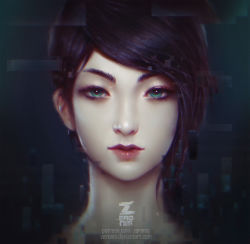 Rule 34 | 1girl, artist name, black hair, catherine chun, closed mouth, green eyes, lips, looking at viewer, portrait, solo, soma (frictional games), watermark, web address, zeronis