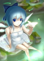 Rule 34 | 1girl, alternate costume, bare shoulders, blue eyes, blue hair, bug, butterfly, casual, cirno, fireflies, hair ribbon, highres, ice, ice wings, bug, matching hair/eyes, ribbon, short hair, sitting, soaking feet, solo, touhou, unshu mikan, water, wings