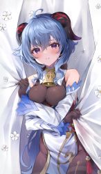 Rule 34 | 1girl, absurdres, ahoge, arms under breasts, bare shoulders, bell, black gloves, blue hair, blush, breasts, breasts squeezed together, cowboy shot, curtains, detached sleeves, flower, ganyu (genshin impact), genshin impact, gloves, gold trim, highres, horns, light smile, long hair, looking at viewer, medium breasts, neck bell, nichino, purple eyes, sidelocks, solo, standing, thighlet, white flower, white sleeves