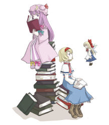 Rule 34 | 2girls, alice margatroid, blonde hair, blue eyes, book, book stack, boots, bow, crescent, crescent moon, dress, female focus, hair bow, hair ribbon, hairband, hat, ico (engawa roman), ico (pixiv296601), moon, multiple girls, open book, patchouli knowledge, purple eyes, purple hair, reading, ribbon, shanghai doll, short hair, sitting, touhou, wings