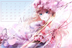 Rule 34 | 1girl, 2021, blonde hair, blue eyes, blush, bow, bowtie, branch, bug, butterfly, calendar (medium), capelet, cherry blossoms, commentary request, dress, fingernails, flower, frilled capelet, frills, grin, hat, heart, highres, insect, kamenozoki ai, light rays, lily white, long hair, looking at viewer, march, petals, pink bow, pink bowtie, pink flower, pink hat, pink ribbon, plant, pointing, pointing at viewer, ribbon, smile, solo, split mouth, spoken heart, touhou, tree, white butterfly, white capelet, white dress