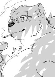 Rule 34 | 1boy, animal ears, bara, bear boy, bear ears, cigarette, commentary, furry, furry male, glasses, greyscale, hand up, highres, kuro nezumi inu, leib (housamo), looking at viewer, low ponytail, male focus, mature male, monochrome, muscular, muscular male, parted lips, semi-rimless eyewear, simple background, smile, smoke trail, smoking, solo, thick eyebrows, tokyo houkago summoners, tree shade, upper body, white background