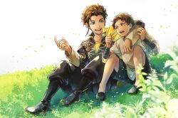 Rule 34 | 2boys, angry, arm around shoulder, blurry, blurry foreground, boots, braid, brown eyes, brown hair, cape, claude von riegan, cyril (fire emblem), dark-skinned male, dark skin, eye contact, fire emblem, fire emblem: three houses, garreg mach monastery uniform, grass, green eyes, hand up, leaf, looking at another, looking to the side, male focus, multiple boys, nintendo, open mouth, shiroi (shiroicbe), short hair, shorts, side braid, sitting, talking, wind, wrist wrap