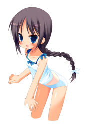 Rule 34 | 1girl, :d, bare shoulders, black hair, blue eyes, blue panties, blush, bow, braid, camisole, child, cropped legs, flat chest, leaning forward, long hair, meito (maze), one-piece tan, open mouth, original, panties, polka dot, polka dot panties, ponytail, simple background, single braid, smile, solo, tan, tanline, underwear, white background
