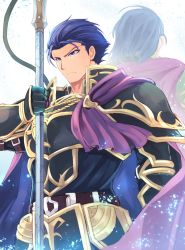 Rule 34 | 1boy, armor, belt, blue eyes, blue hair, boots, cape, fire emblem, fire emblem: the blazing blade, fire emblem heroes, gloves, hector (fire emblem), highres, holding, holding spear, holding weapon, looking at viewer, male focus, nakabayashi zun, nintendo, polearm, simple background, spear, uther (fire emblem), weapon
