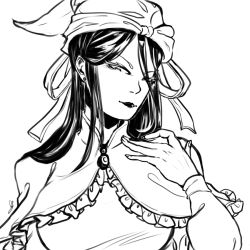 Rule 34 | 1girl, brooch, capelet, dilaih, earrings, eyelashes, facing viewer, fingernails, greyscale, hand on own chest, hat, hat ribbon, jewelry, lineart, lips, lipstick, looking down, makeup, mima (touhou), monochrome, ribbon, signature, solo, sun symbol, touhou, touhou (pc-98), transparent, transparent background, tsurime, upper body