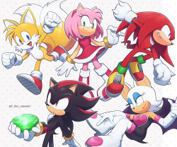 Rule 34 | 2girls, 3boys, amy rose, animal ears, animal nose, bat ears, bat girl, bat wings, blue eyes, boots, breasts, chaos emerald, clenched hands, closed mouth, commentary, dress, fox boy, fox ears, fox tail, furry, furry female, furry male, gem, gloves, green eyes, grin, highres, holding, knuckles the echidna, large breasts, looking at viewer, multiple boys, multiple girls, multiple tails, open mouth, purple eyes, red dress, red eyes, red footwear, rouge the bat, shadow the hedgehog, shoes, show chiku-by, simple background, smile, sonic (series), standing, tail, tails (sonic), twitter username, two tails, white background, white footwear, white gloves, wings