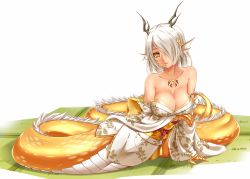 Rule 34 | 1girl, animal hands, bare shoulders, body jewelry, breasts, cleavage, dragon, dragon girl, eastern dragon, fins, gem, hair ornament, hair over one eye, head fins, highres, horns, japanese clothes, jewelry, kimono, large breasts, looking at viewer, magatama, midnight (banyex), monster girl, monster girl encyclopedia, ryuu (monster girl encyclopedia), scales, short hair, simple background, slit pupils, solo, tatami, tattoo, white hair, yellow eyes