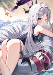 Rule 34 | 1girl, ahoge, ass, beach, black horns, black one-piece swimsuit, black wings, blue archive, blush, closed mouth, commentary request, day, demon girl, demon horns, demon wings, diffraction spikes, feet out of frame, grey hair, hair ornament, hairclip, halo, highres, hina (blue archive), hina (swimsuit) (blue archive), horns, innertube, long hair, looking at viewer, low wings, lying, multiple horns, official alternate costume, on stomach, one-piece swimsuit, one-piece thong, outdoors, parted bangs, purple eyes, shore, solo, starfish, swim ring, swimsuit, very long hair, water, water drop, wet, wings, yon (letter)