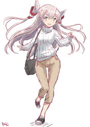 Rule 34 | 1girl, alternate costume, amatsukaze (kancolle), bag, brown pants, commentary request, dress, fuji (pixiv24804665), full body, grey hair, hair tubes, handbag, highres, kantai collection, long hair, looking at viewer, pants, sailor dress, simple background, smile, solo, sweater, two side up, white background, white sweater