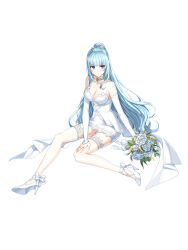 Rule 34 | 1girl, ankle bow, ankle ribbon, bare shoulders, blue eyes, blue hair, blunt bangs, bouquet, bow, braid, breasts, bridal gauntlets, cleavage, closed mouth, closers, clothing cutout, collarbone, dress, flower, french braid, full body, hair bow, hand on own thigh, high heels, highres, holding, holding bouquet, lace, lace-trimmed dress, lace-trimmed thighhighs, lace trim, large breasts, leg ribbon, long hair, looking to the side, official art, pencil dress, ponytail, ribbon, rose, see-through, see-through cleavage, short dress, sidelocks, sitting, sleeveless, sleeveless dress, solo, tachi-e, thigh strap, thighhighs, underboob cutout, v-shaped eyebrows, very long hair, violet (closers), wedding dress, white background, white bow, white bridal gauntlets, white dress, white flower, white footwear, white rose, white thighhighs, yokozuwari