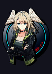 Rule 34 | 1girl, black choker, black jacket, blonde hair, blue eyes, breast tattoo, breasts, choker, cleavage, closed mouth, collarbone, crossed arms, drawstring, eunie (xenoblade), feathered wings, fingernails, head wings, highres, hood, hood down, jacket, long hair, long sleeves, open clothes, open jacket, q-pra, smile, solo, tattoo, twitter username, upper body, v-shaped eyebrows, white wings, wings, xenoblade chronicles (series), xenoblade chronicles 3