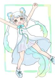 Rule 34 | 1girl, :d, arms up, blue bow, blush, boots, bow, commission, dress, green background, grey dress, grey eyes, grey footwear, grey hair, highres, kemono friends, kibisake, open mouth, pleated dress, skeb commission, skyfish (kemono friends), sleeveless, sleeveless dress, smile, solo, tail, two-tone background, white background