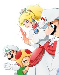 Rule 34 | 1girl, 2boys, alternate costume, alternate hairstyle, blonde hair, blue eyes, breasts, brooch, brown hair, clenched hands, closed mouth, crown, dress, earrings, elbow gloves, eyeshadow, facial hair, fire, fire luigi, fire mario, fire peach, fire toad, flaming hand, gloves, hand on own hip, hat, highres, jewelry, large breasts, luigi, makeup, mario, mario (series), mini crown, multiple boys, mustache, nintendo, nm qi, parted lips, pink lips, ponytail, princess peach, red dress, shirt, simple background, smile, super mario 3d world, toad (mario), white background, white dress, white gloves, white headwear, white shirt