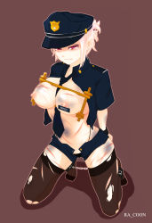 Rule 34 | 1girl, alternate costume, arms behind back, bad id, bad pixiv id, bdsm, between breasts, bondage, bound, breast bondage, breasts, bruise, clamps, crying, crying with eyes open, cuts, hat, highres, hogtie, injury, kneeling, large breasts, league of legends, name tag, necktie, necktie between breasts, nipple piercing, nipple tag, nipples, no shoes, open clothes, peaked cap, piercing, pink hair, police, police uniform, policewoman, ra coon, red background, red eyes, riven (league of legends), short hair, solo, tears, thighhighs, torn clothes, torn thighhighs, uniform