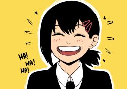 Rule 34 | 1girl, absurdres, black hair, black jacket, black necktie, chainsaw man, closed eyes, collared shirt, facing viewer, formal, hair ornament, hairclip, higashiyama kobeni, highres, jacket, kermittend, laughing, medium hair, mole, mole under mouth, necktie, open mouth, outline, shirt, short ponytail, simple background, single sidelock, smile, solo, suit, suit jacket, swept bangs, upper body, white outline, white shirt, yellow background