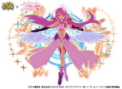 Rule 34 | 1girl, angel wings, asymmetrical legwear, breasts, spiked halo, copyright name, crop top, feathered wings, fullbokko heroes, gloves, gradient hair, halo, jibril (no game no life), large breasts, long hair, looking at viewer, low wings, magic, magic circle, midriff, mismatched legwear, multicolored eyes, multicolored hair, navel, no game no life, official art, open mouth, orange eyes, pink hair, shoes, sideboob, single shoe, smile, solo, stomach, tattoo, very long hair, white wings, wing ears, wings, yellow eyes