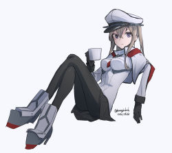 Rule 34 | 1girl, black gloves, black pantyhose, black skirt, blonde hair, breasts, capelet, cross, cup, dated, gloves, graf zeppelin (kancolle), grey eyes, hair between eyes, hat, highres, invisible chair, iron cross, kangoku kou, kantai collection, large breasts, looking at viewer, military, military hat, military uniform, miniskirt, mug, one-hour drawing challenge, pantyhose, peaked cap, sidelocks, simple background, sitting, skirt, solo, twintails, twitter username, uniform, white background