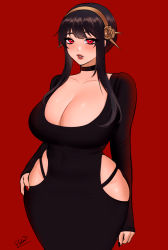 Rule 34 | 1girl, absurdres, black choker, black hair, black nails, breasts, choker, cleavage, collarbone, commentary, cowboy shot, curvy, dress, english commentary, flower, gold hairband, hair flower, hair ornament, hairband, hand on own hip, highleg, highres, hip vent, huge breasts, light blush, long sleeves, looking at viewer, low neckline, nail polish, parted lips, pencil dress, red background, red eyes, red lips, red nails, rose, scoop neck, short hair with long locks, signature, simple background, solo, spy x family, sren244, standing, wide hips, yor briar