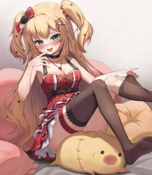 Rule 34 | 1girl, :d, absurdres, akai haato, akai haato (gothic lolita), bare arms, blonde hair, blue eyes, blush, bow, breasts, brown thighhighs, dress, frilled dress, frills, haaton (akai haato), hair bow, hair ornament, hairclip, heart, heart hair ornament, highres, hololive, layered dress, long hair, looking at viewer, medium breasts, no shoes, open mouth, pharamacom, red bow, red dress, sitting, sleeveless, sleeveless dress, smile, solo, thigh strap, thighhighs, thighhighs pull, two side up, very long hair, virtual youtuber, x hair ornament