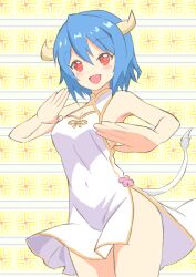 Rule 34 | 1girl, blue hair, blush, breasts, china dress, chinese clothes, covered navel, cow girl, cow horns, cow tail, dress, fang, heinkeluhu, highres, horns, jashin-chan dropkick, large breasts, looking at viewer, minos (jashin-chan dropkick), red eyes, short hair, smile, solo, tail