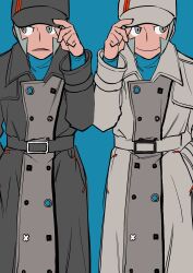 Rule 34 | 2boys, alternate costume, belt, blue background, blue shirt, brothers, buttons, closed mouth, coat, commentary, creatures (company), elizabeth (tomas21), emmet (pokemon), frown, game freak, grey belt, grey coat, grey eyes, grey hair, hand on headwear, hand up, hat, highres, ingo (pokemon), long sideburns, long sleeves, male focus, multiple boys, nintendo, open mouth, pokemon, pokemon bw, shirt, short hair, siblings, sideburns, sideways glance, simple background, smile