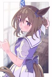 Rule 34 | 1girl, admire vega (umamusume), alternate hairstyle, animal ears, arm up, blurry, blurry background, blush, border, breasts, brown hair, clothing cutout, hair bun, highres, horse ears, horse girl, horse tail, looking at viewer, looking back, outside border, parted lips, purple eyes, purple shirt, raised eyebrows, sailor collar, satomachi, school uniform, shirt, short hair, short sleeves, skirt, small breasts, solo, sweatdrop, tail, tail through clothes, tracen school uniform, umamusume, upper body, white skirt
