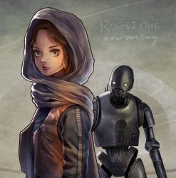 Rule 34 | 1girl, animification, highres, hood, jacket, jyn erso, k-2so, kuroimori, looking at viewer, robot, rogue one: a star wars story, science fiction, star wars, vest